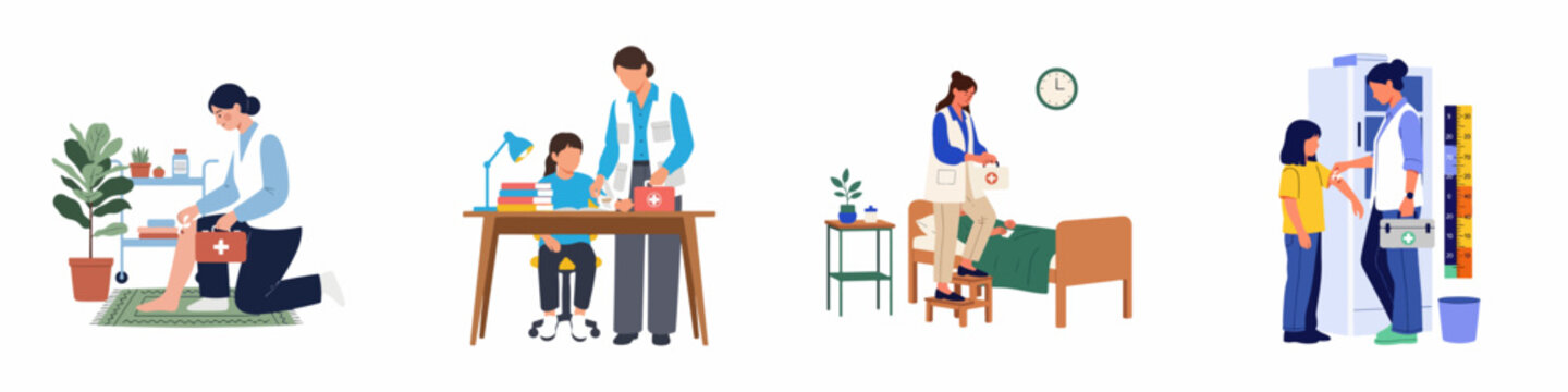 Flat vector illustration set of female healthcare workers and volunteers providing medical care, first aid, and vaccinations to children and adults in various settings.