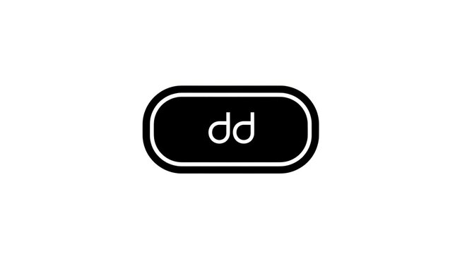 Black oval button with white letters dd inside.
