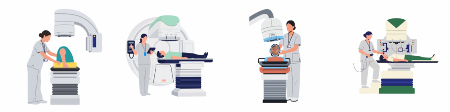 A collection of illustrations showing medical professionals and patients undergoing various radiation therapy procedures for cancer treatment using advanced technology.