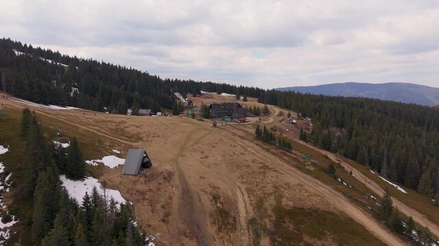 Aerial drone view of Hala Miziowa mountain hut near Pilsko in Beskid Żywiecki