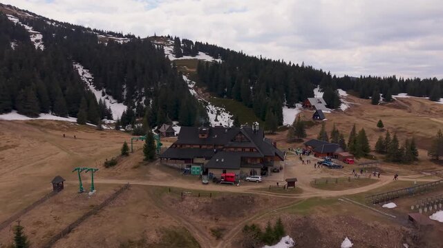 Aerial drone view of Hala Miziowa mountain hut near Pilsko in Beskid Żywiecki