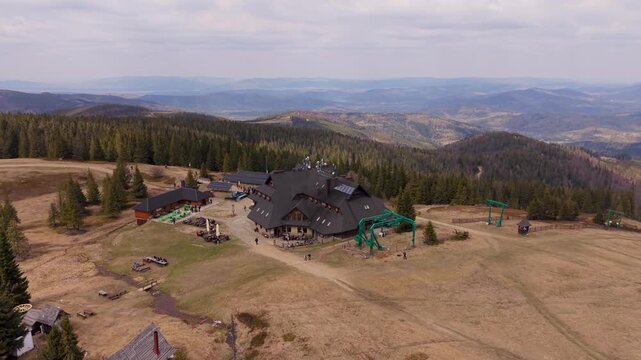 Aerial drone view of Hala Miziowa mountain hut near Pilsko in Beskid Żywiecki