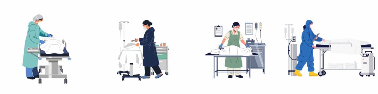 Illustrations of medical professionals in protective gear working with deceased bodies on gurneys in a clinical or morgue setting.