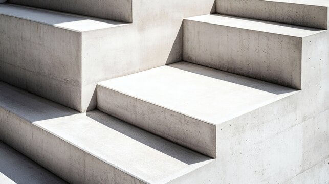 Minimalist architectural photograph of raw concrete geometric steps with sharp angular shadow, modern abstract background