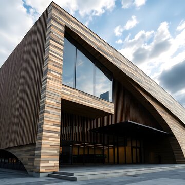 Building architecture showcases a combination of vertical timber cladding and expansive glass windows.