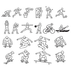 Obraz premium Extreme Sports CAD Line Art Set Skateboard Boxing Cycling Climbing Athlete Vector Collection