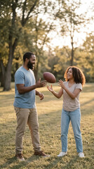 Fototapeta premium Happy diverse parents playing American football with child in park