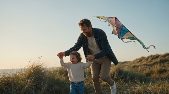 Smiling father and little child running with kite over sand dunes