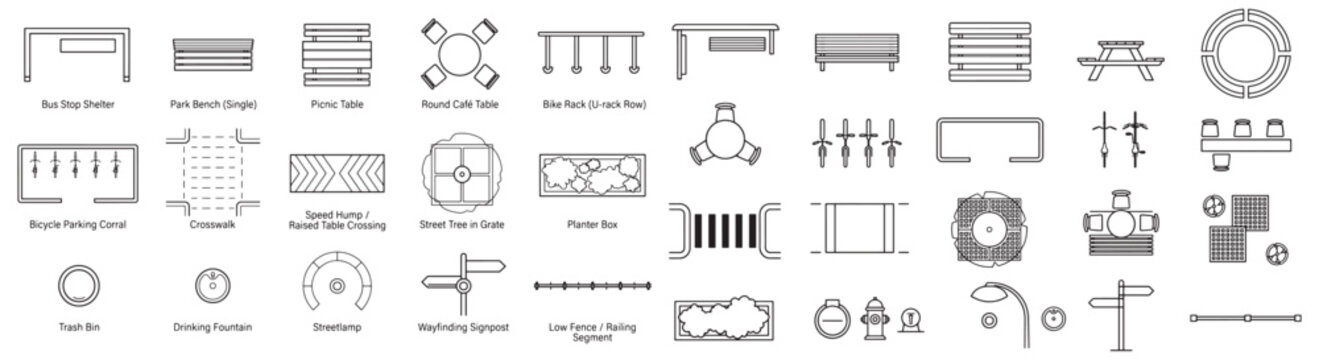 Streetscape Elements Top-Down Plan View: Urban Furniture Icons Including Bench, Bus Shelter, Bike Rack