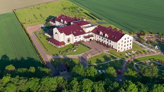 Aerial drone view of observation tower in Pietrowice Wielkie surrounded by farmland