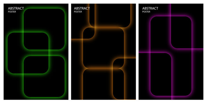 Set of elegant abstract posters. Thin glowing neon frames. Intersecting luminous green, orange, and purple rounded rectangular borders on dark background for creative graphic design. 