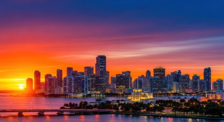 Fototapeta premium Vibrant Sunset Over Miami Skyline with Colorful Sky.