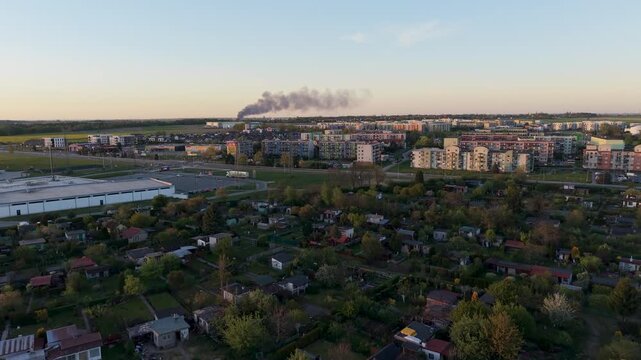 Aerial drone view of smoke from fire in Gliwice seen from Knur&oacute;w