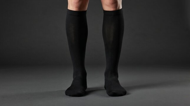 Close-up of male legs wearing black knee-high compression socks on a dark grey studio background