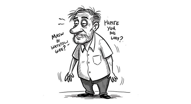 Sleep-Deprived Cartoon Man Mumbling Questions About Work and Laziness, Black and White Illustration.