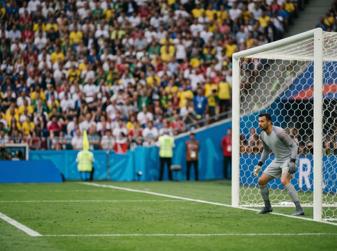 Striker Kicking Soccer Ball Past Diving Goalkeeper