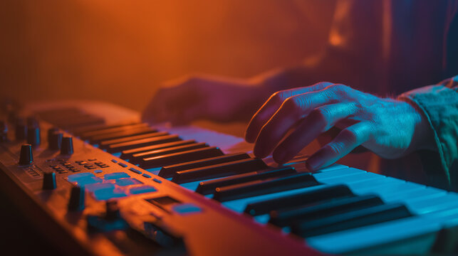 Keyboard Performance Close Up with Colorful Stage Lights and Creative Music Theme