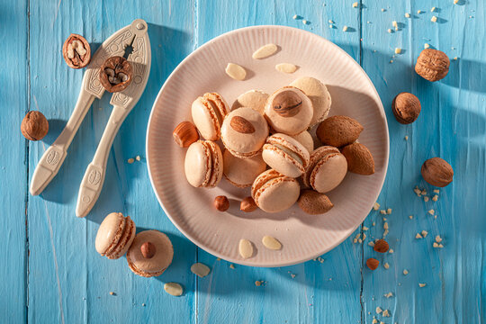 Tasty and fresh nut macarons made of meringue and nuts.