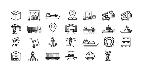 Icon set collection of marine port logistics icons illustrating shipping containers, industrial cranes, cargo vessels, harbor transport, and maritime freight. © Raka Firdaus 