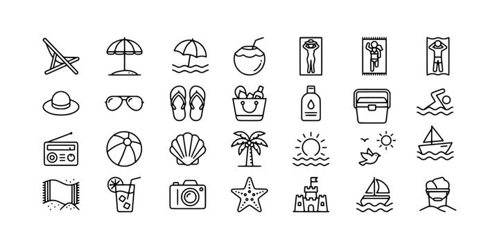Icon set collection of summer beach holiday elements showcasing tropical travel items, relaxation gear, coastal activities, and sunny resort vacation icons.