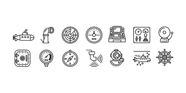 Icon set collection of submarine navigation instruments showing radar displays, deep pressure gauges, compasses, diving helmets, and nautical steering controls.