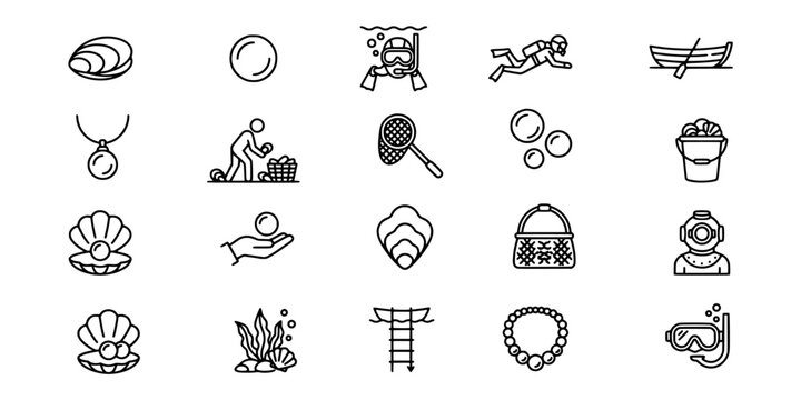 Icon set collection of pearl oyster harvesting icons representing deep underwater diving, precious jewelry crafting, marine collection, and aquatic industry.