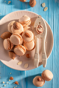 Homemade nut macarons made of hazelnut, walnut and almond.
