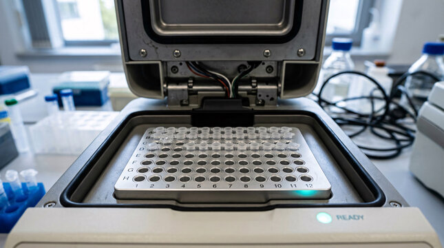 Close up of an open thermocycler machine with PCR tubes in a laboratory.
