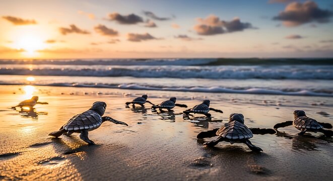 Sea turtle hatchlings crawling towards the ocean at sunset