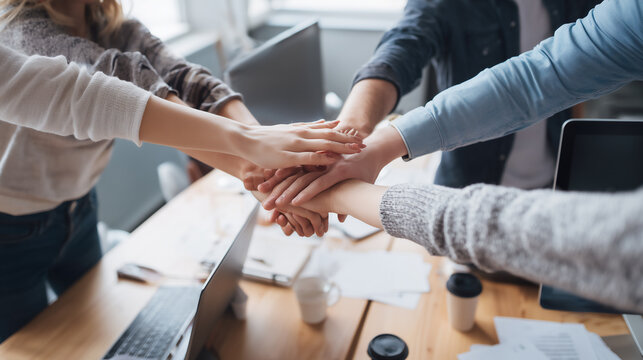 High angle view of a business team putting hands together in a stack over an office table