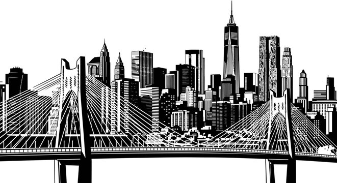 New York City skyline silhouette with suspension bridge illustration