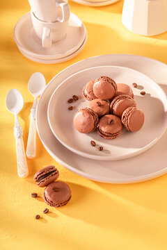 Sweet and delicious coffee macarons made of chocolate and sugar.