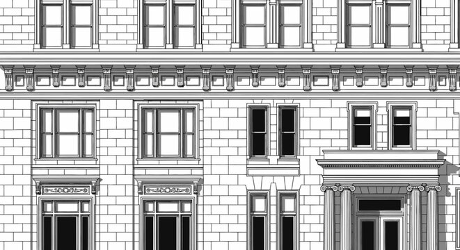 Detailed black and white architectural sketch of classic building facade
