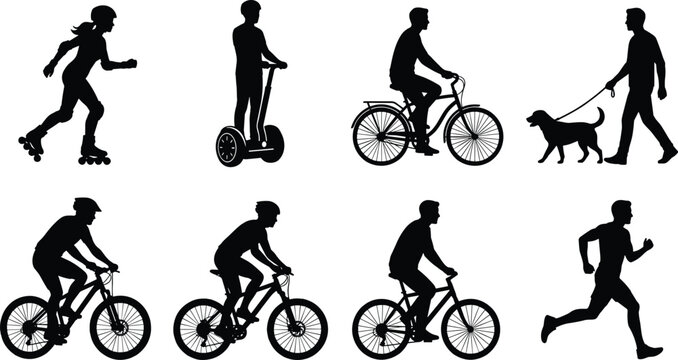 Silhouette illustration of people rollerblading, cycling, running, walking dog and riding Segway, representing outdoor recreation, mobility, exercise and healthy lifestyle