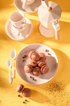 Fresh coffee macarons made of chocolate and coffee beans