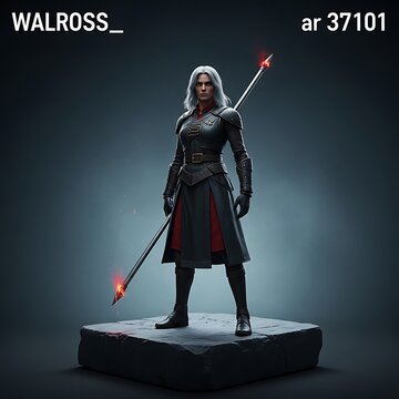 Powerful female fantasy warrior with silver hair and glowing spear