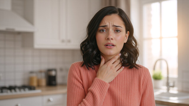 Young woman touching her neck experiencing a sore throat. Sick female patient suffering from pain and swallowing difficulty in the kitchen. Cold and flu symptoms concept