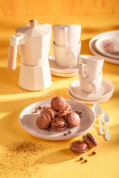 Creamy coffee macarons made of chocolate and coffee beans