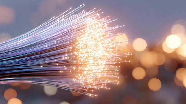macro cinematic photograph of bundled fiber optic cables glowing in cyan and blue, transmitting data into a digital China flag. The flag glows golden brown and red, framed by soft sunlight and 
