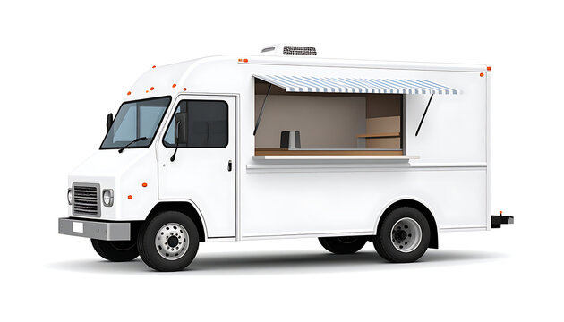 Isolated white food truck with open serving window and awning, ready for street food service, mobile kitchen vehicle