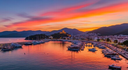 Fototapeta premium Vibrant Sunset Over Coastal Town Harbor with Boats and Mountains.