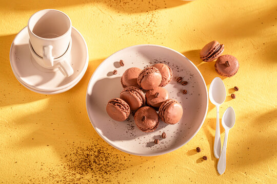 Sweet and delicious coffee macarons as summer small snack.