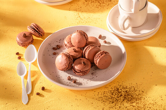 Tasty and fresh coffee macarons as summer small snack.