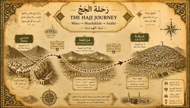 Infographic map of hajj journey sites mina and muzdalifah.