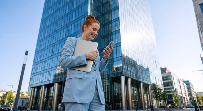 Smiling businesswoman using smartphone and holding laptop in the city. Young professional woman in blue suit standing near modern office buildings
