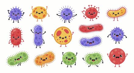 Collection of cute cartoon bacteria and virus characters with happy faces. © Truk