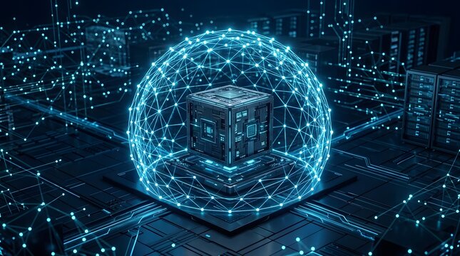 A futuristic cube floats within a glowing blue network sphere on a city circuit board at night.