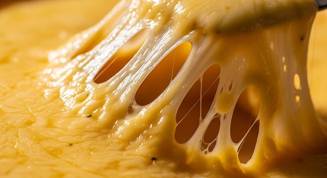 Melted cheese being pulled apart slowly.