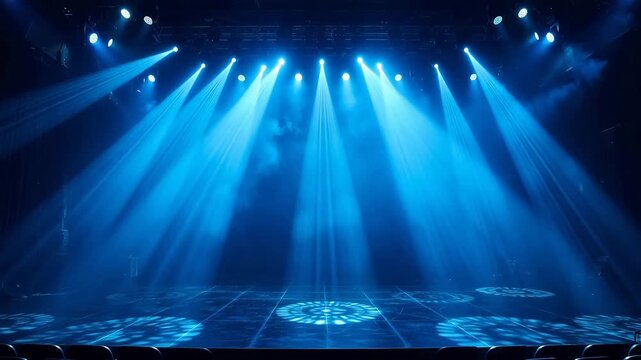 Stage lights illuminating an empty theater, creating a dramatic atmosphere with blue beams of light