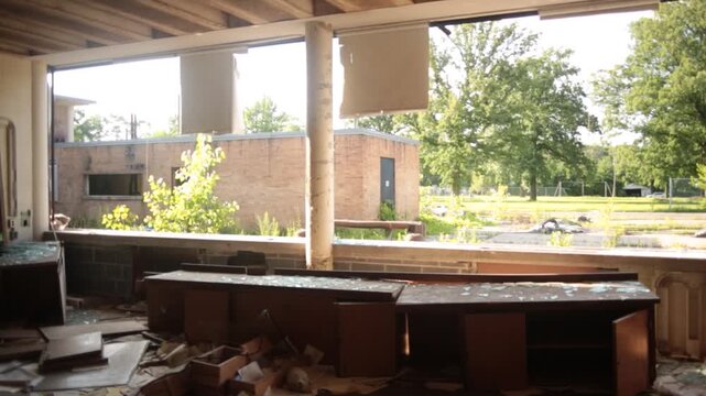 Abandoned Building Interio with Collapsed Roof and Eposed Structure